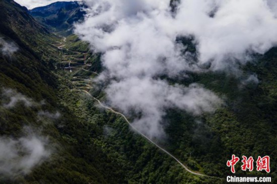 西藏山南勒布溝景區的盤山公路被雲霧環繞。　江飛波 攝